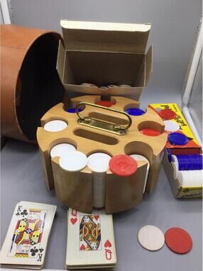 Vintage 3 Poker Chip Swivel Box Sets Handle Caddy Two 2 Packs Playing Cards lot